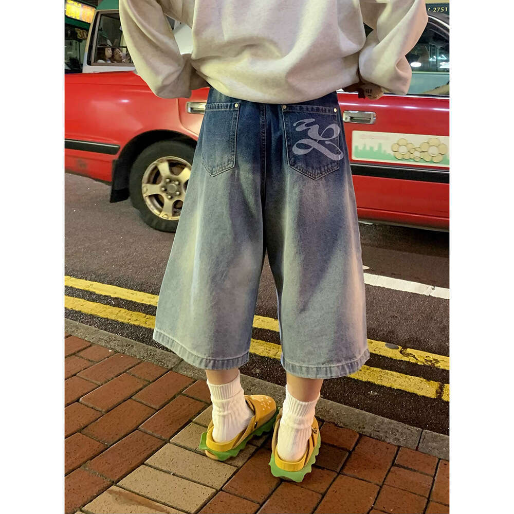 2025 Summer New Ripped Pants Men American Style Loose Casual Washed Cropped Jeans Trend