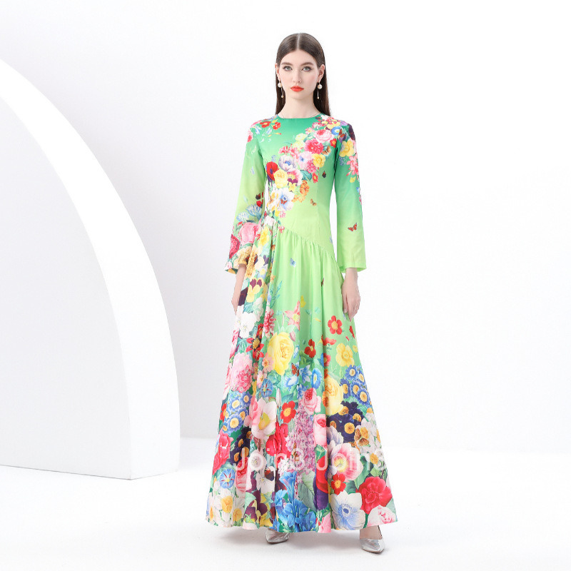 6190 early spring new womens clothing temperament round neck long sleeved painted printed large swing long skirt dress