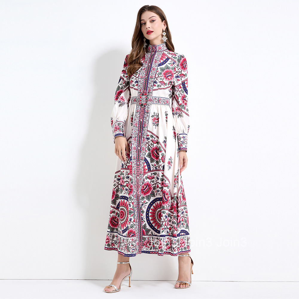 2158 Sensation Stand up Collar Lantern Sleeve Positioned Printed Long Sleeve Waist Ruffle Edge Skirt