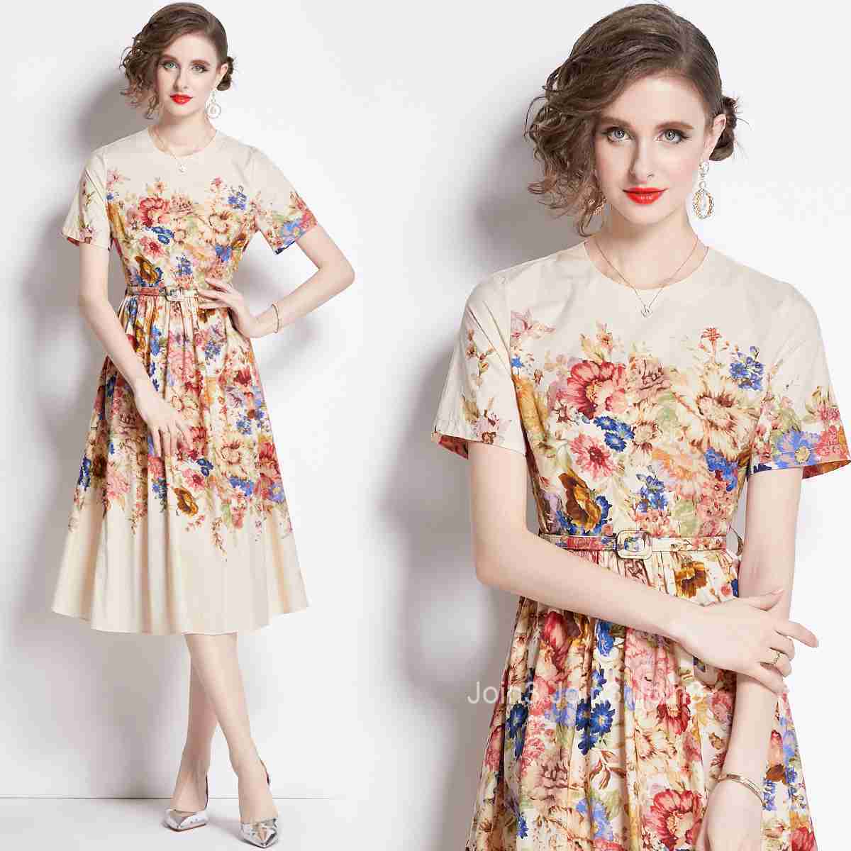 1642 Summer New Womens Fashion Elegant Color Block Printed Round Neck Waist Slimming Short Sleeve Mid-Length Dress
