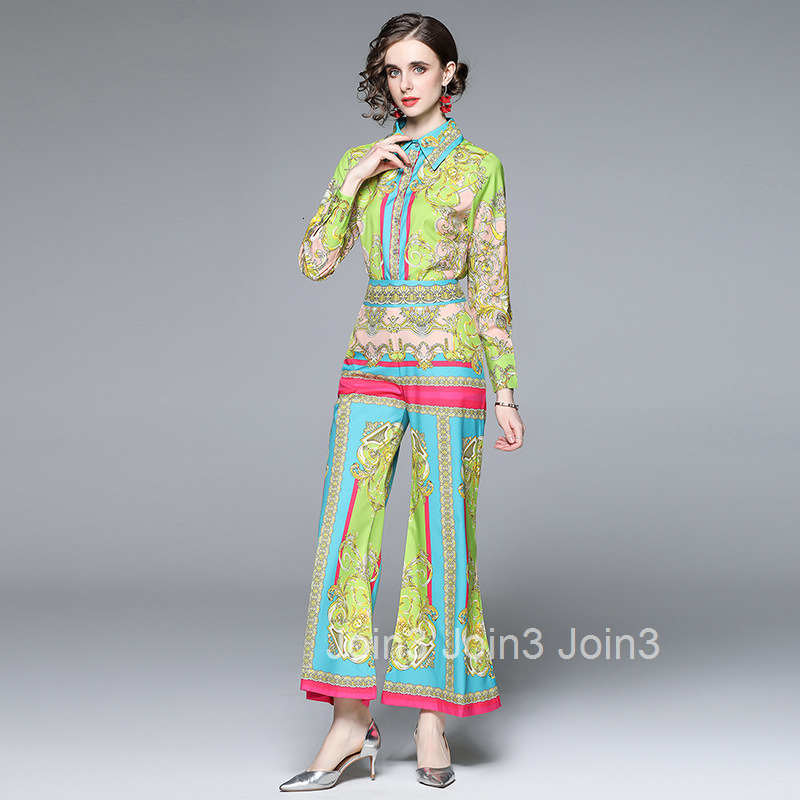 1017 runway style printed lapel long sleeved shirt high waist wide leg pants stylish set