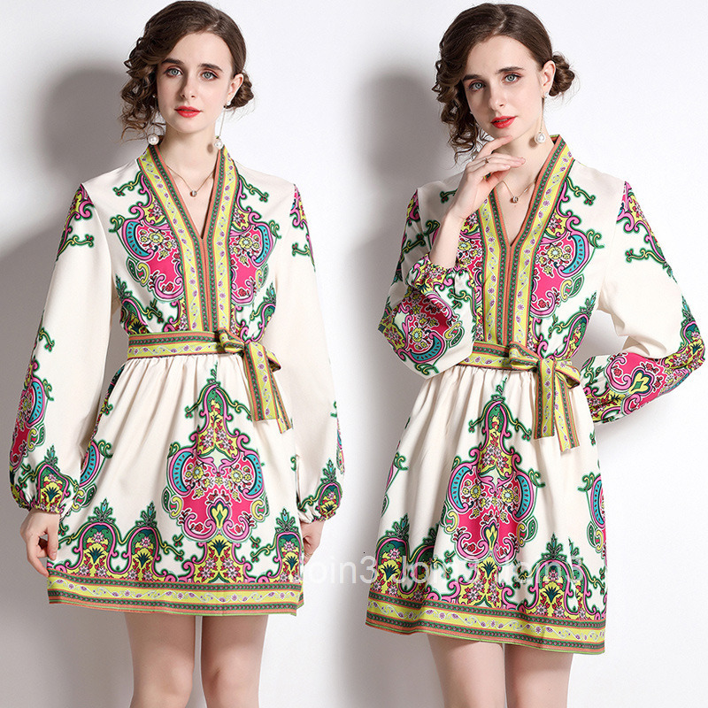 5602 Fashion Positioning Floral Slimming Elegant V-neck Belted Dress