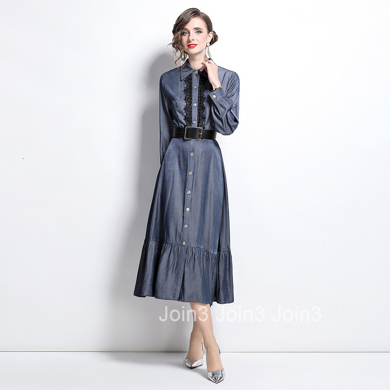 8559 Spring and Autumn New Womens Dress Lace Splicing Style Fashionable Shirt Style Large Swing Long Dress