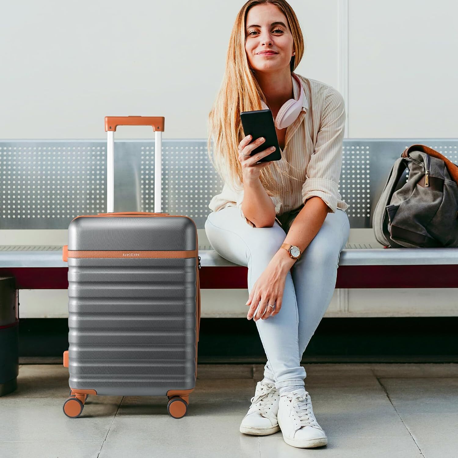 UKEIN Sets Piece Lage 20 Inch Spinner Wheels PC Hardside Set with TSA Lock Durable Carry On Suitcase With Travel designer bag Backpack for Men Grey 3 