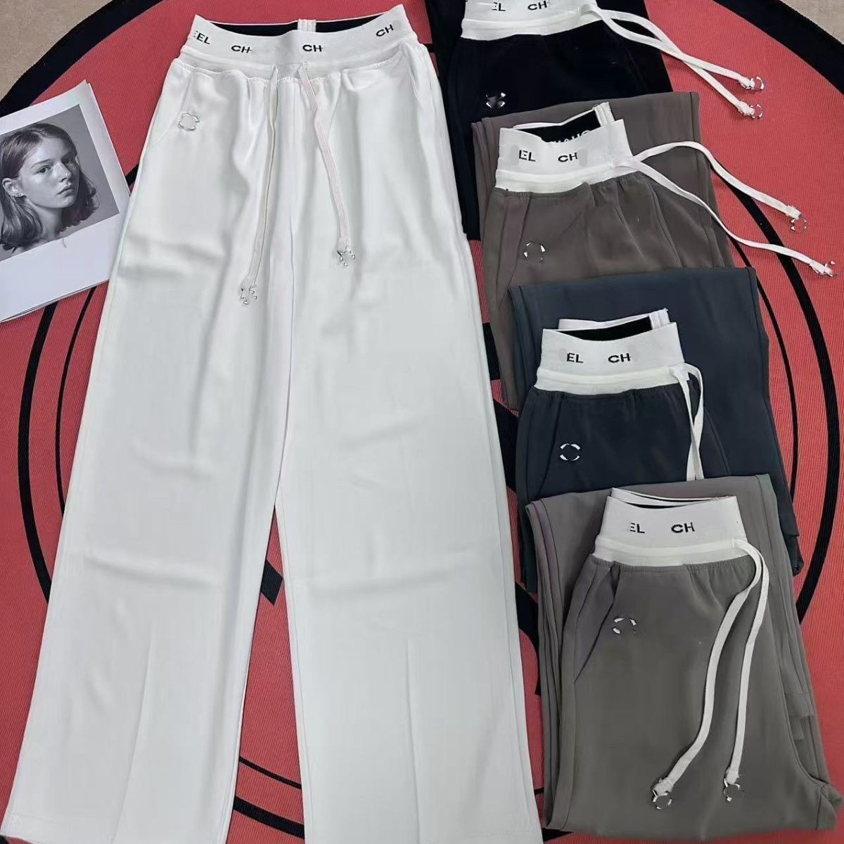 Women new autumn loose elastic with drawstring waist logo letter print wide leg long pants designer trousers SMLXL