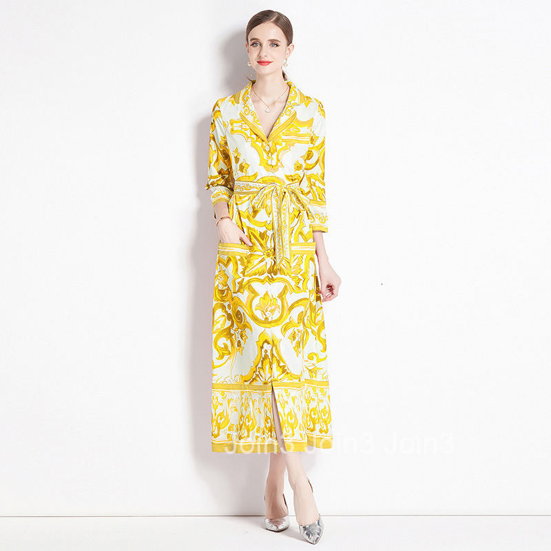 6068 Fashion Printed Loose Pocket Mid-Sleeve Blazer Collar Shirt Long Dress