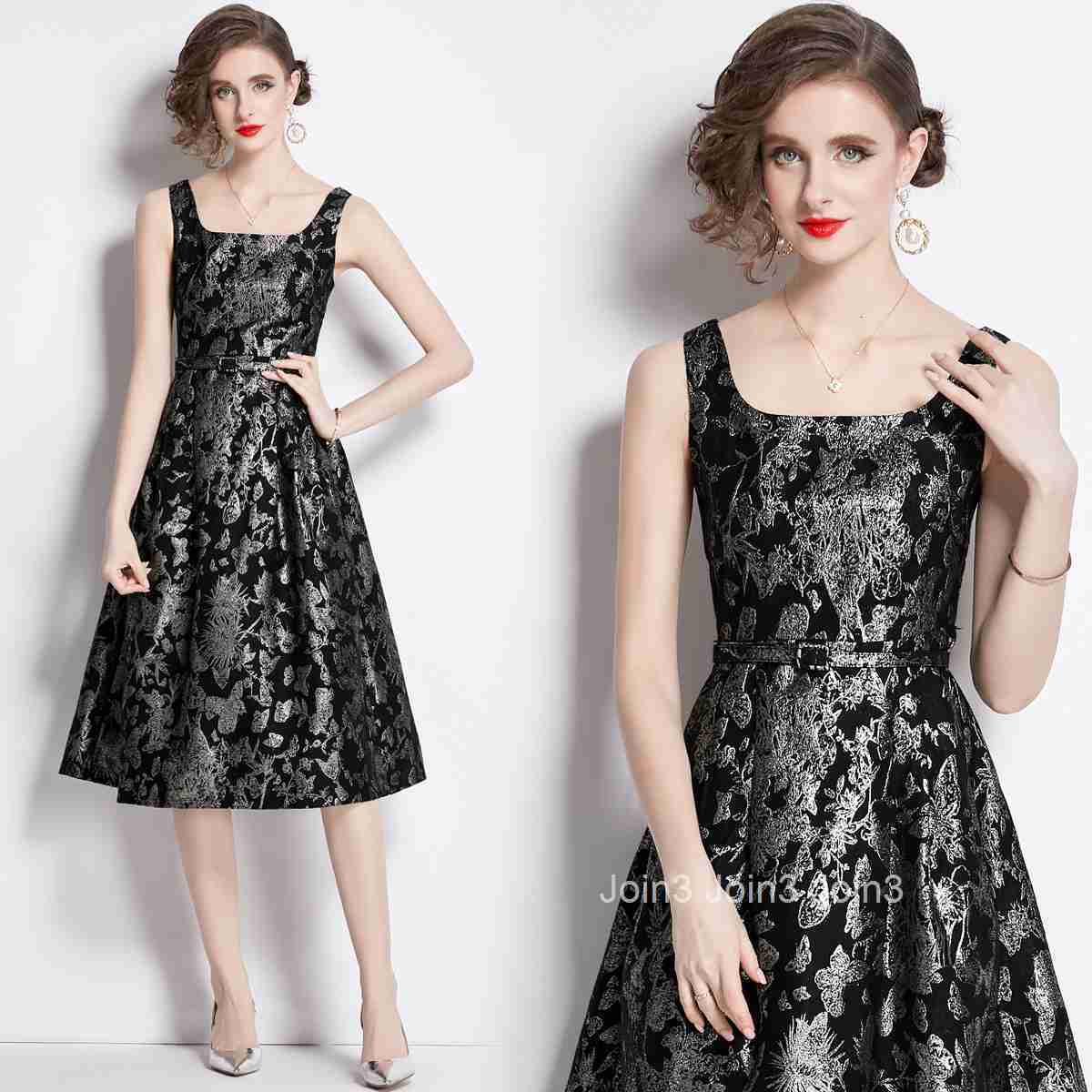 1626 Summer New Womens Fashion Jacquard Strap Waist Slimming Flared Mid-Length Dress