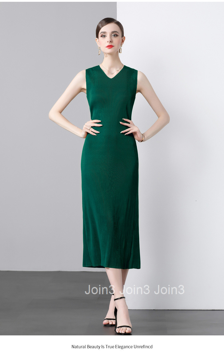 9221 Summer New Womens Fashion Pleated Slim Straight Dress V-neck Sleeveless Long Dress
