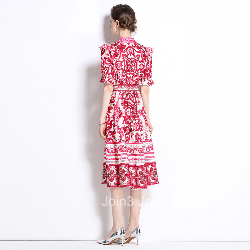 8752 Fashion Elegance Style Stand Collar Single-Breasted Blue and White Porcelain Print Dress