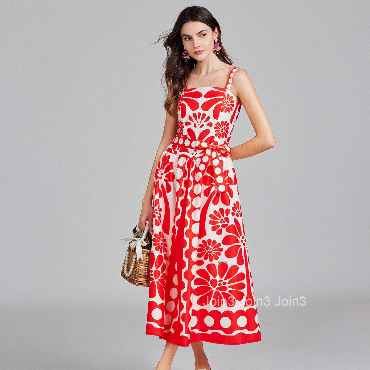 718 Summer New Womens Clothing Style Fashionable High Waist Dot Printed Strap Long Dress