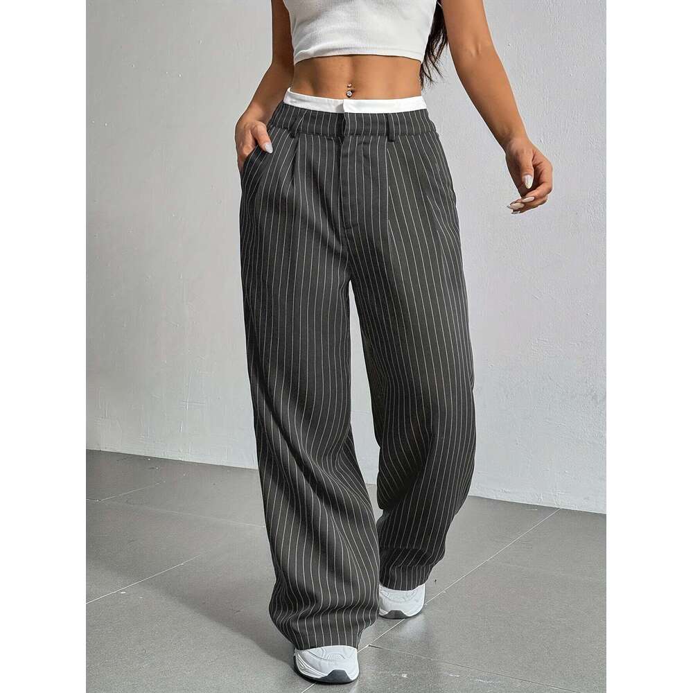 2025 Spring Summer New Women's Dress Pants Cross-Border Japanese Korean Casual High Waist Spliced Simple Draped Commuter Straight-Leg Trousers