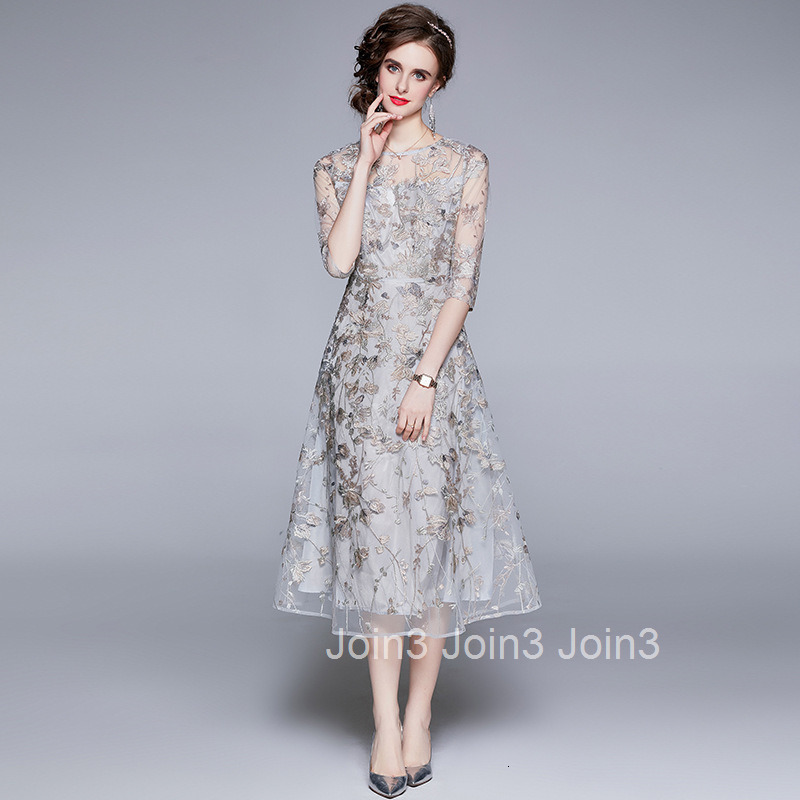 6805 Spring/Summer Womens Elegant Dress Mesh Embroidered Banquet Dress Round Neck Seven Sleeve Long Dress