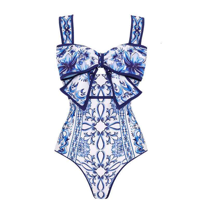Bow Decor Molica Print One Piece Sexy Bikini Swimsuit Push up Swimwear