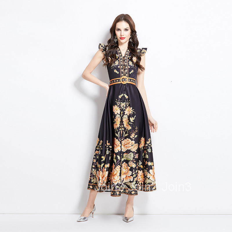 2657 Spring New Ethnic Style Elegant Printed Small Flutter Sleeve Flared Dress