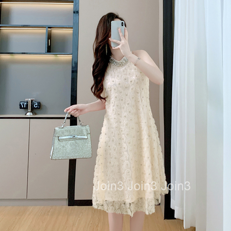 2025 Halter Neck Sleeveless Dress for Women Summer Mesh Three-Dimensional Flower Rhinestone Design Elegant Mid-Length Dress