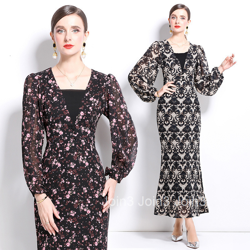 8738 Autumn Winter New Womens Fashion Elegant V-neck Long Sleeve Elastic Sleeve Long Dress