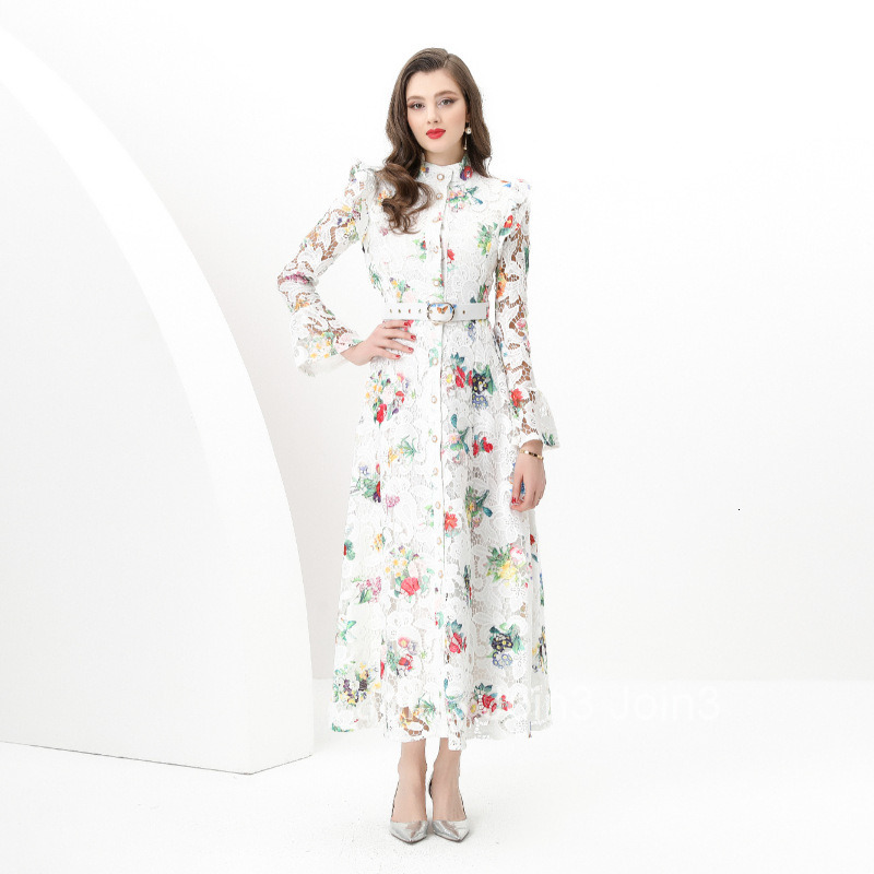 8836 Spring Summer Elegance Style Stand Collar Long Sleeve Waist-Cinching Wide Skirt Lace Print Long Dress