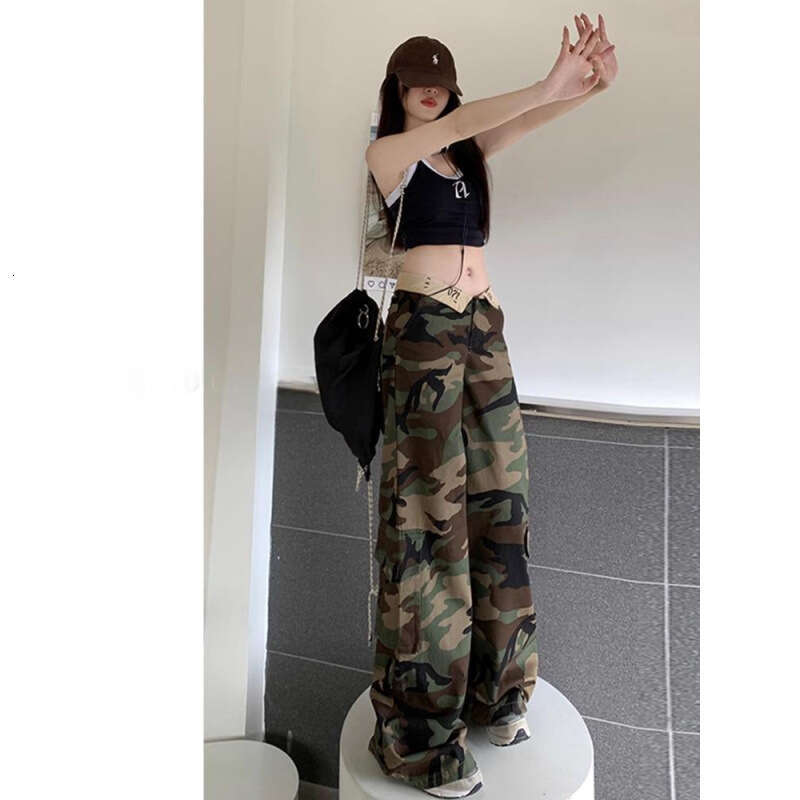Camouflage Casual Cargo American Style Hot Girl High Waist Loose Wide Leg Jeans Women Slimming Floor-Length Pants