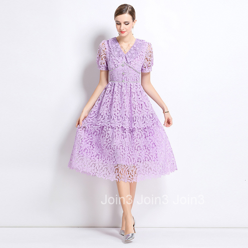 712 Short Sleeve Slimming Hollow Out Water-Soluble Lace Trim Mid-Length Dress