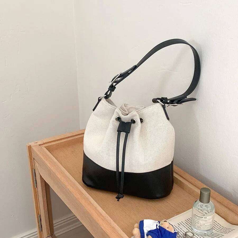 Patchwork Canvas Women Bucket Shoulder Bag Brand Design Drawstring Ladies Handbag Designer Female Large Totes Bolsas