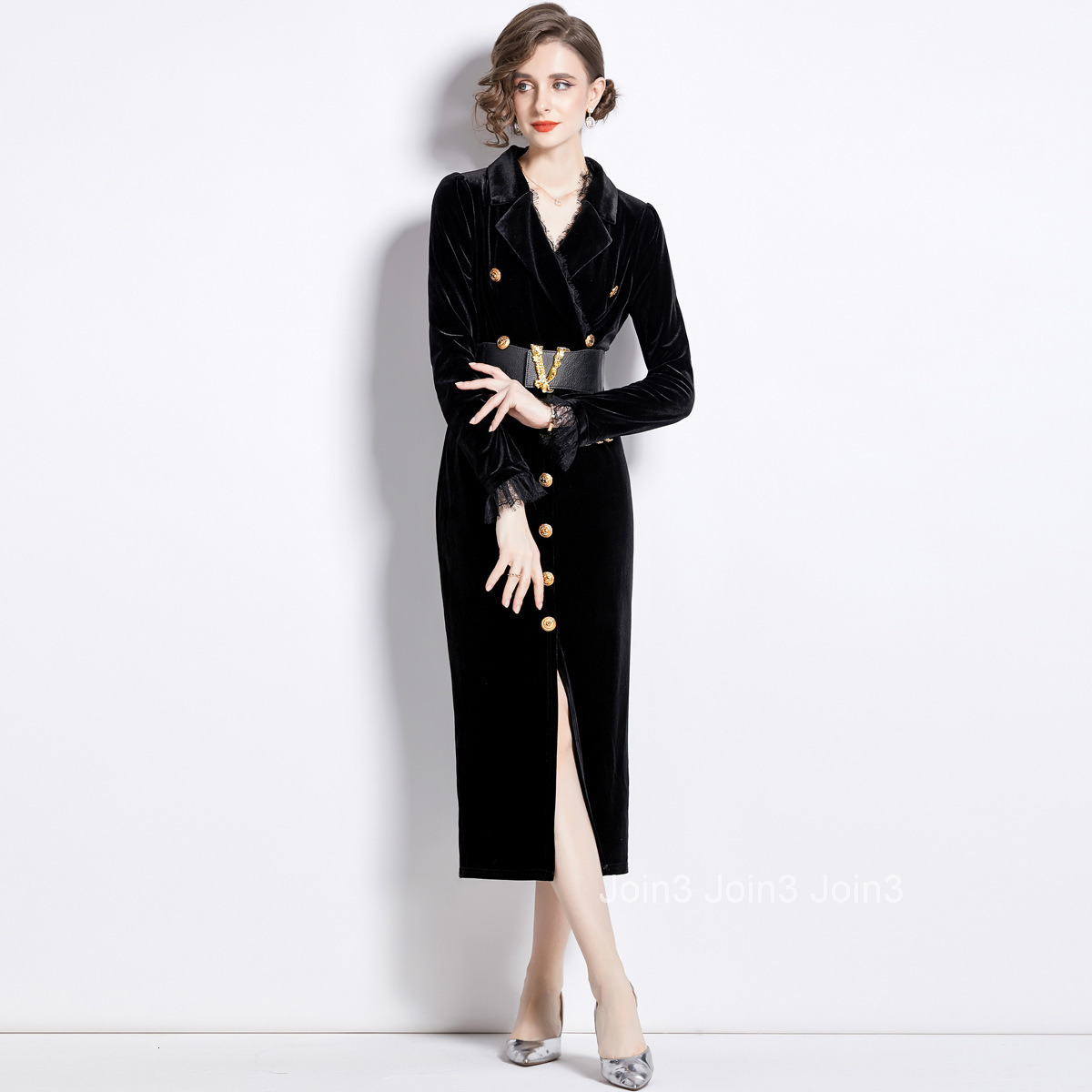 1989 Autumn New Womens Velvet V-neck Lace Dress Single breasted Long Dress (with Belt)