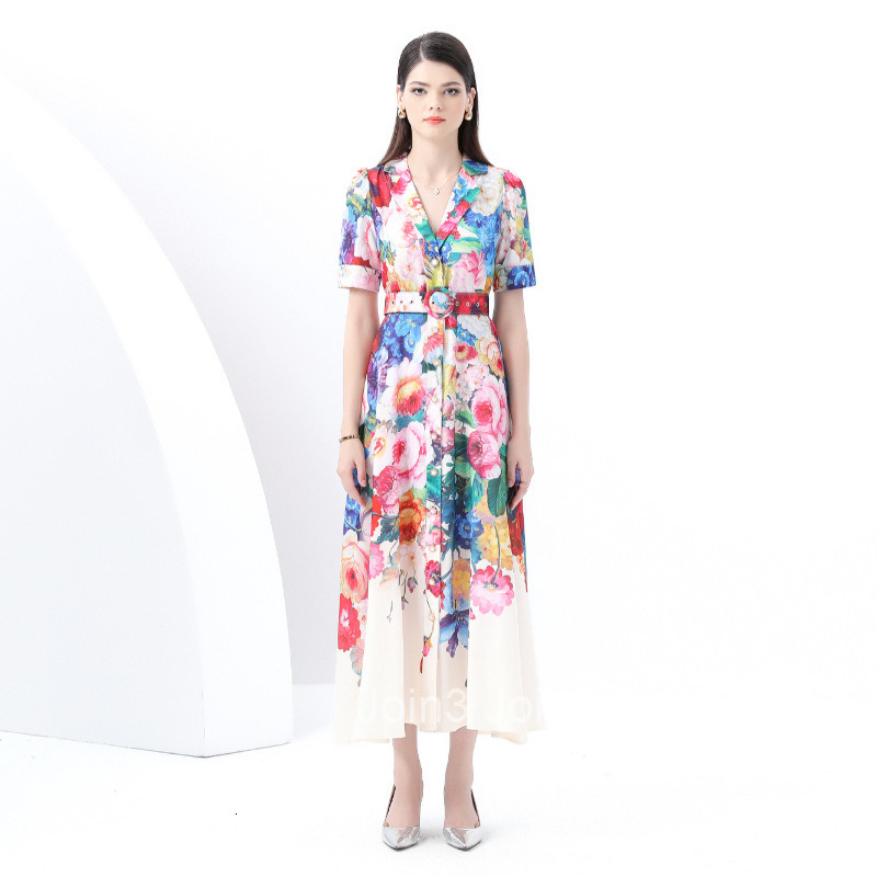 6073 Early Spring New Womens Vacation Style Suit Collar Short Sleeve Flared Printed Long Dress
