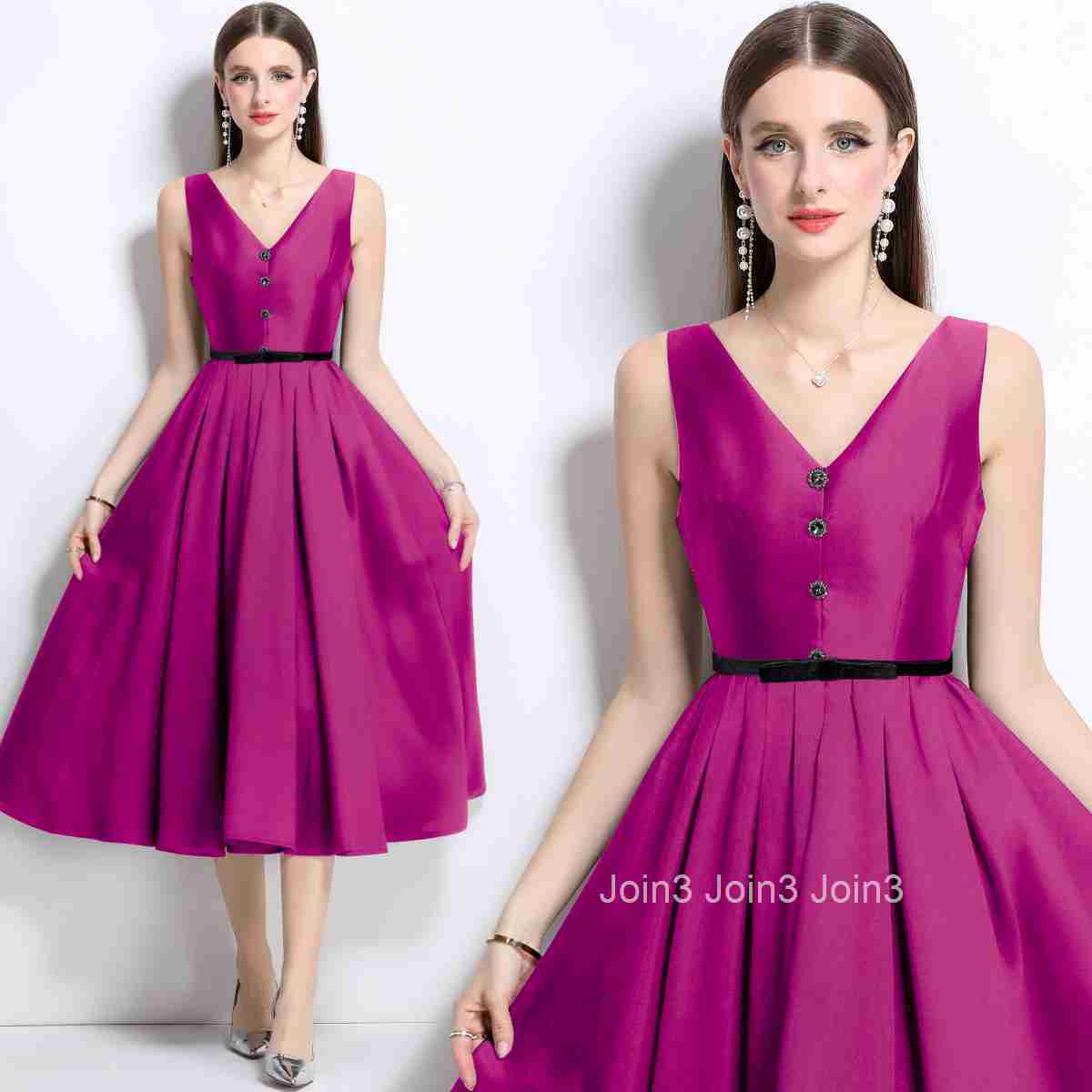 6806 Elegant Temperament Waist-Cinching Collar Dress French Style Slim Fit Mid-Length Dress with Belt