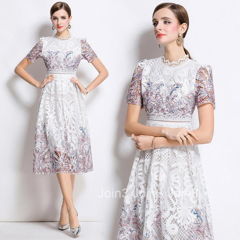 706 Fashion Slimming Hollow Water-Soluble Lace Positioning Printed Mid-Length Dress