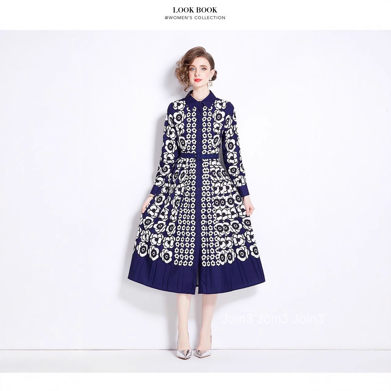 8497 Spring new womens printed temperament single breasted slim fit shirt long skirt dress