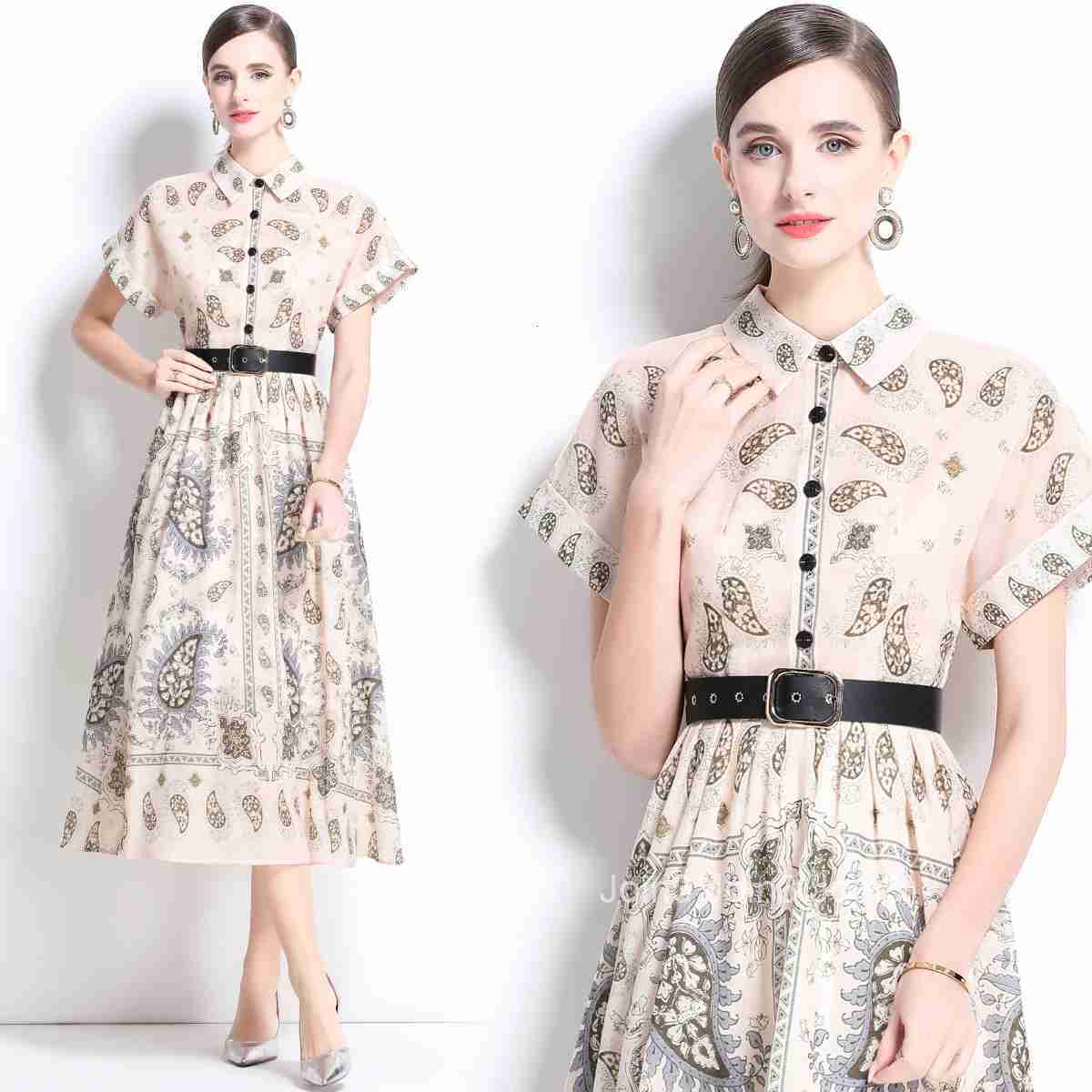 1685 Spring/Summer New Womens Style Printed Collar Short sleeved Long Skirt Dress (with Belt)