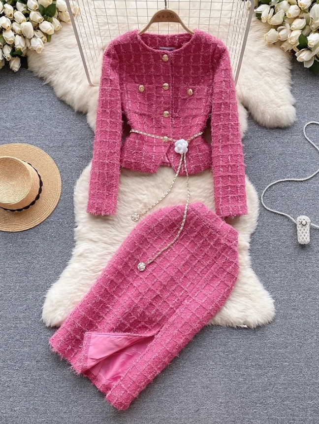 Autumn Fashion Rose Red Woolen Two Piece Dress Set For Women Golden Button Chain Belt Tweed Short Jacket Coat+Split Midi Skirt Suit