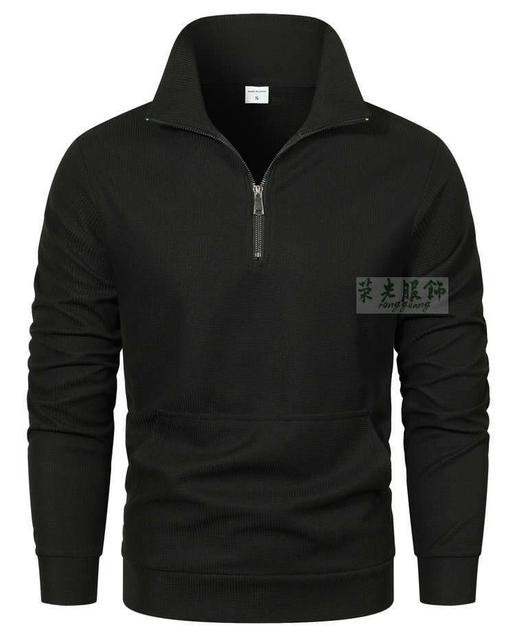 European Size Spring Autumn Men's Waffle Sweatshirt Trendy Stand Collar Zipper Long Sleeve Business Sports Texture Polo Shirt