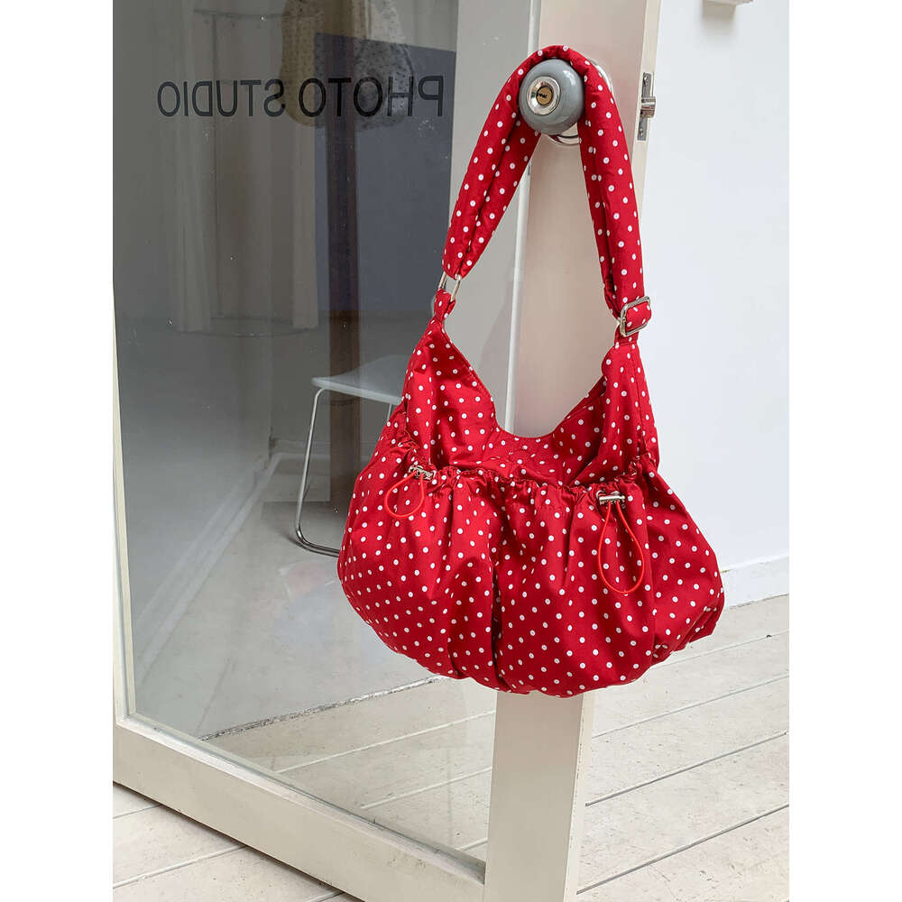 Korean Style Polka Dot Ruched Drawstring Crossbody for Women, Large Capacity Casual Commuter Bag, 2025 New Cloud Dumpling Bag