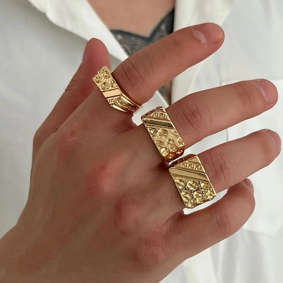 3Pcs/Set Trendy Vintage Gold Color Chunky Ring For Men Hip Hop Thick Rings Charm Finger Accessories Grunge Jewelry 250717
