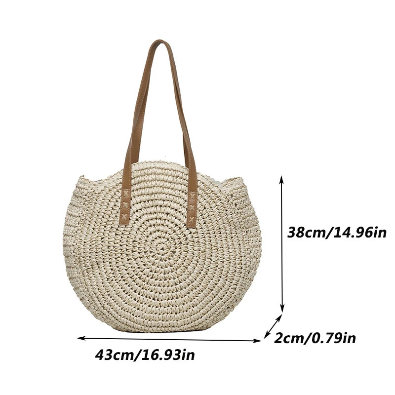 Summer Round Straw Women Vacation Woven Beach Shoulder Bag Large Capacity Hollow Out Simple Tote Bag 250715