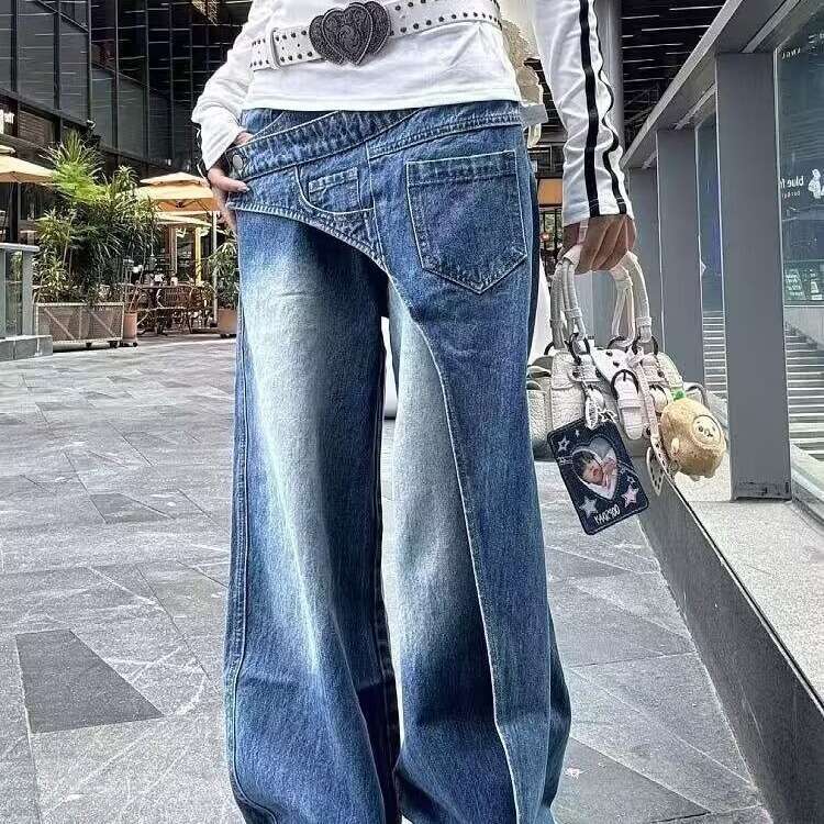 Waistband Designer Style Cut Piece Washed Gradient for Women 2025 Summer New Casual Jeans