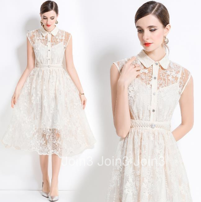 5875 Elegant Mesh Embroidered Long Dress Slim Waist Inner Strap Dress