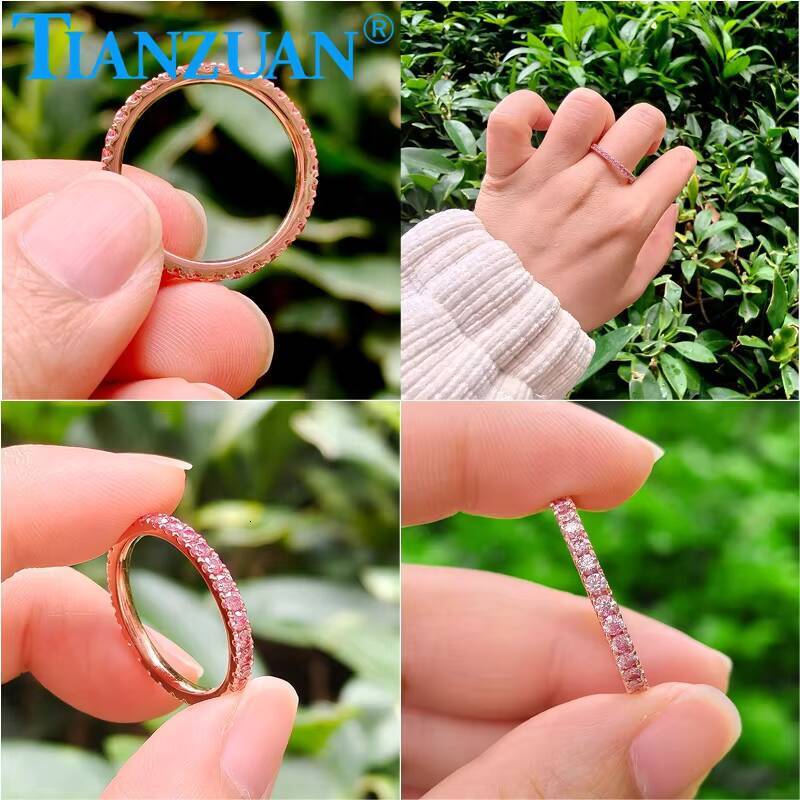 Pink Color 2mm Round Moissanite Full Eternity Ring Band Yellow / Rose Gold Plated S925 Silver Diamond Engagement Jewelry