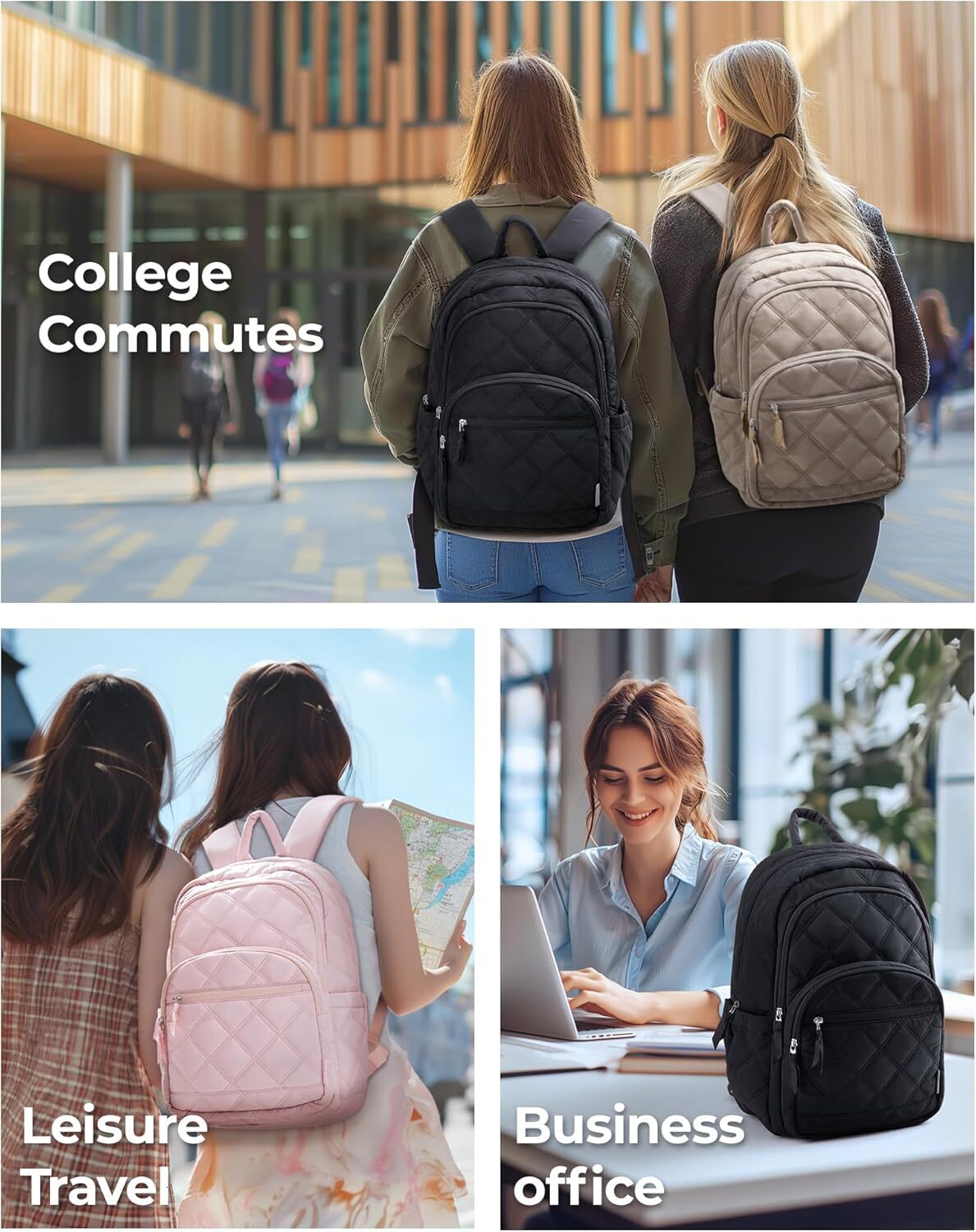 YMX 583 70 BAGSMART Travel Backpack, College Backpack for Women, Quilted Small Computer Bookbag, Water-Resistant 15.6 Inch Laptop Casual Bag, Black