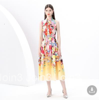 6139 Early Spring Flutter Collar Sleeveless Pleated Single Placket Long Oil Painting Print Dress