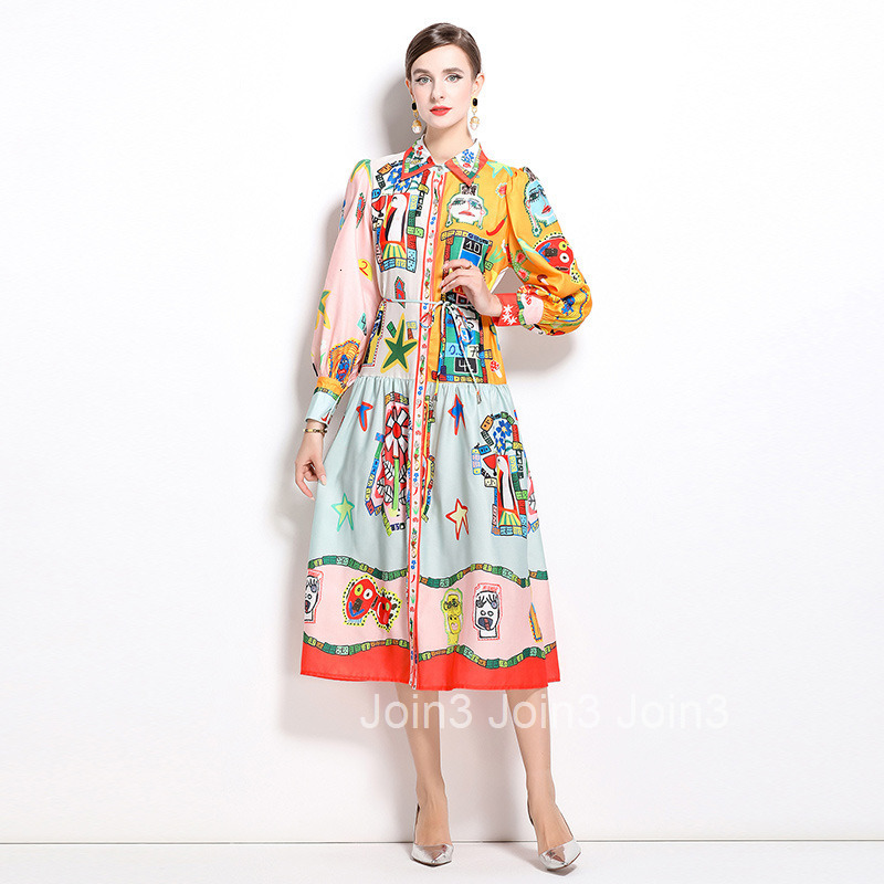 8556 Spring and Autumn New Womens Clothing Style Lantern Sleeve Printed Lace up Waist Swing Long Dress