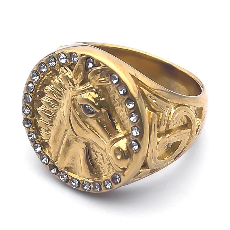 Hip Hop Punk Horse Head Ring for Women Men Stainless Steel Shiny Rhinestone Gold Color Horsehead Finger Rings Jewelry RRR541S03 250717