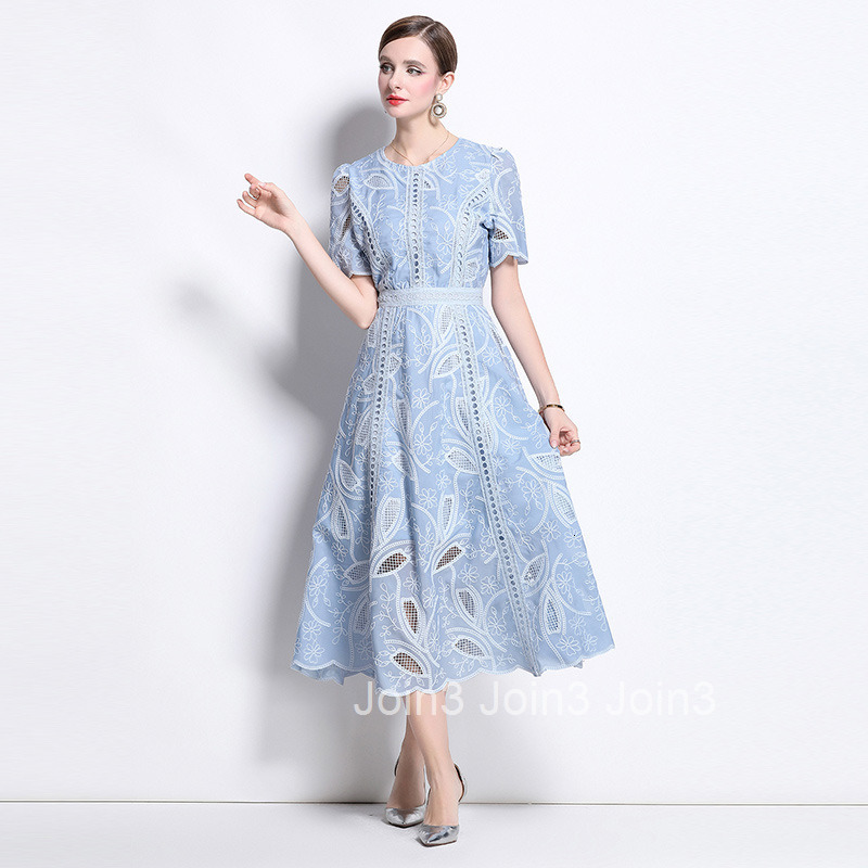 6974 Summer French Heavy Embroidered Hollow Out Round Neck Waist-Cinching Short Sleeve Dress for Women Slimming Long Dress