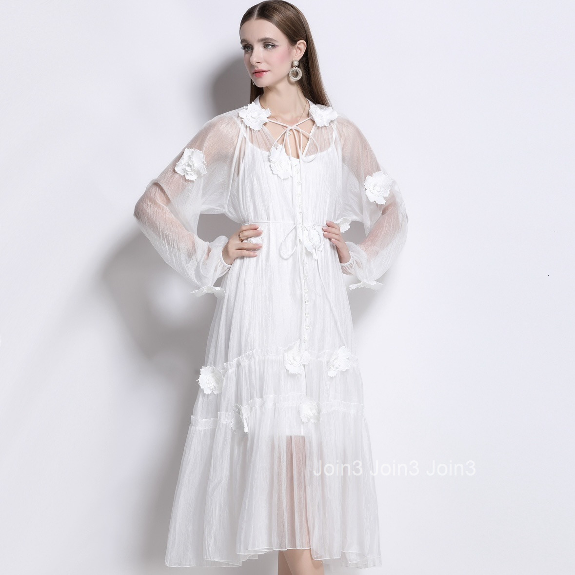 8076 New Elegant Three-Dimensional Flower Embroidery Lace-Up Long Dress Beach Dress with Strap