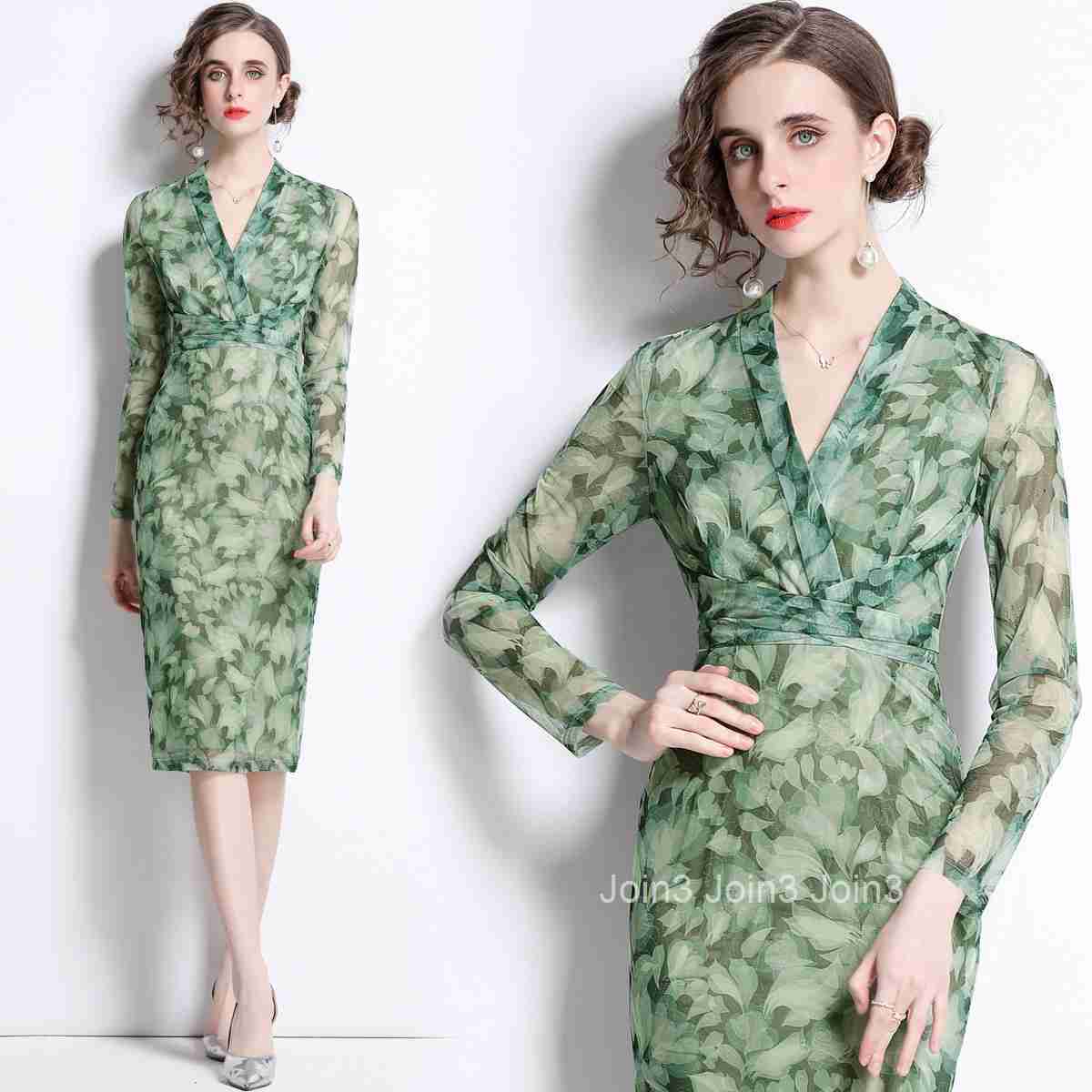9037 Spring Summer New Womens Fashion Elegant Printed Dress V-neck Long Sleeve Tie Slim Fit Mid-length Dress