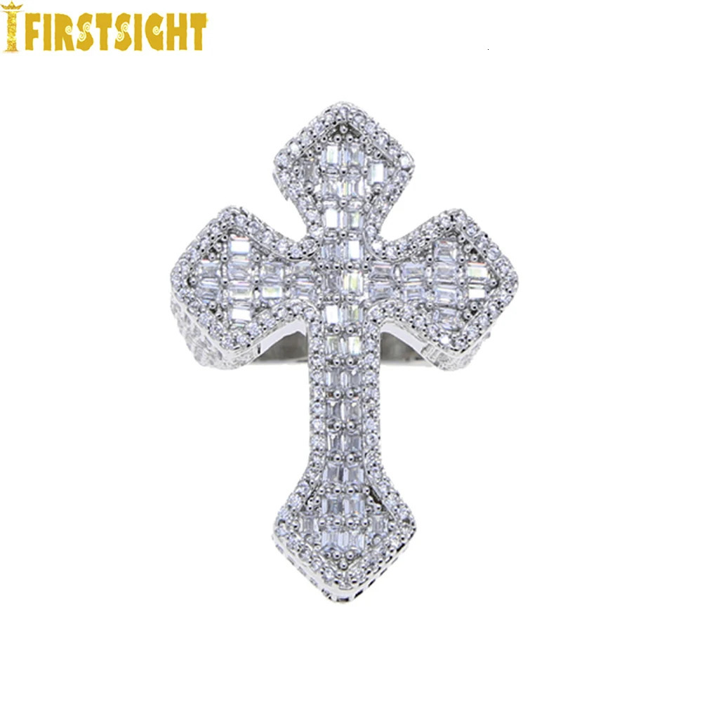 Bling Cross Ring Iced Out Zircon Prong Setting Gold Color Fashion Finger Men Hip Hop Jewelry 250717