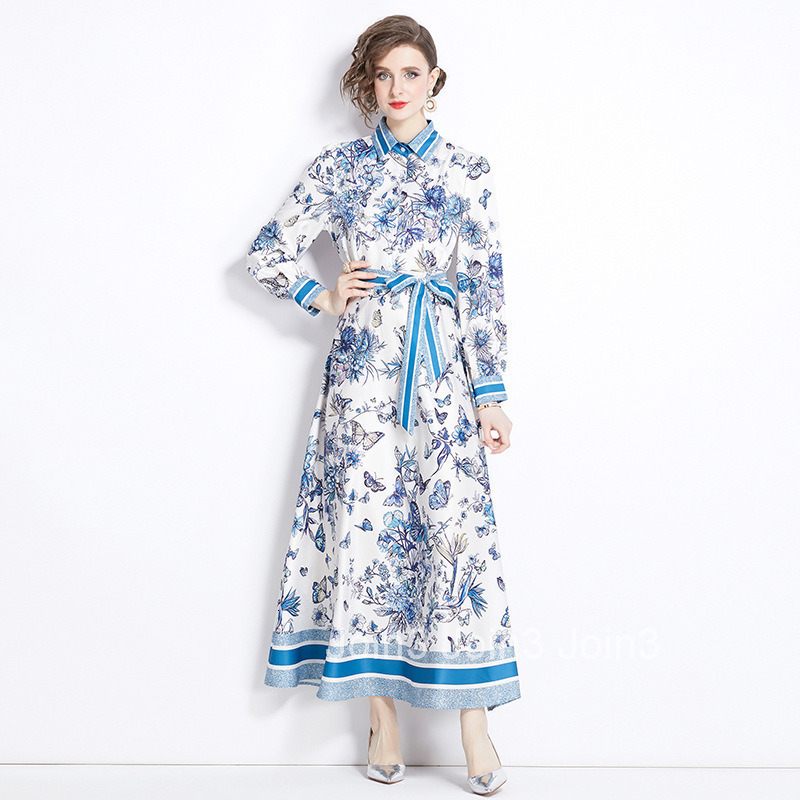 3935 Summer New Womens Fashion Printed Turn-Down Collar Long Sleeve Long Dress with Belt