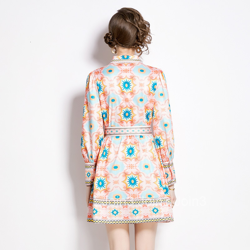 2478 Spring Summer New Womens Fashion Elegant Printed Turn-Down Collar Long Sleeve Waist-Cinching Slimming Short Dress