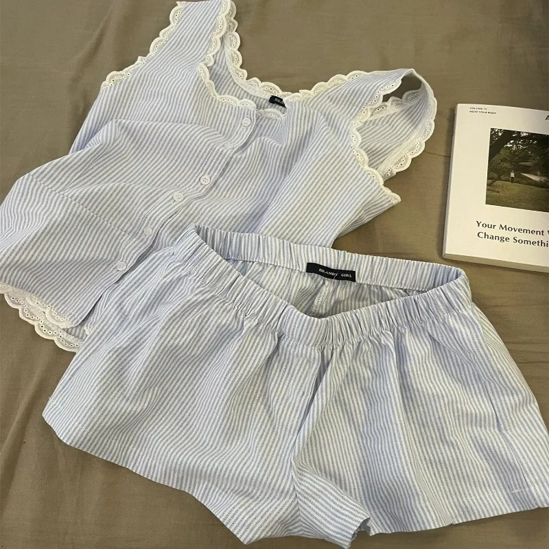 Striped Women Pajamas Summer Sleepwear Sleeveless Shorts Sets 2 Pieces Lace Night Wears Tank Korean Sleeping Home Suit 2025 250717