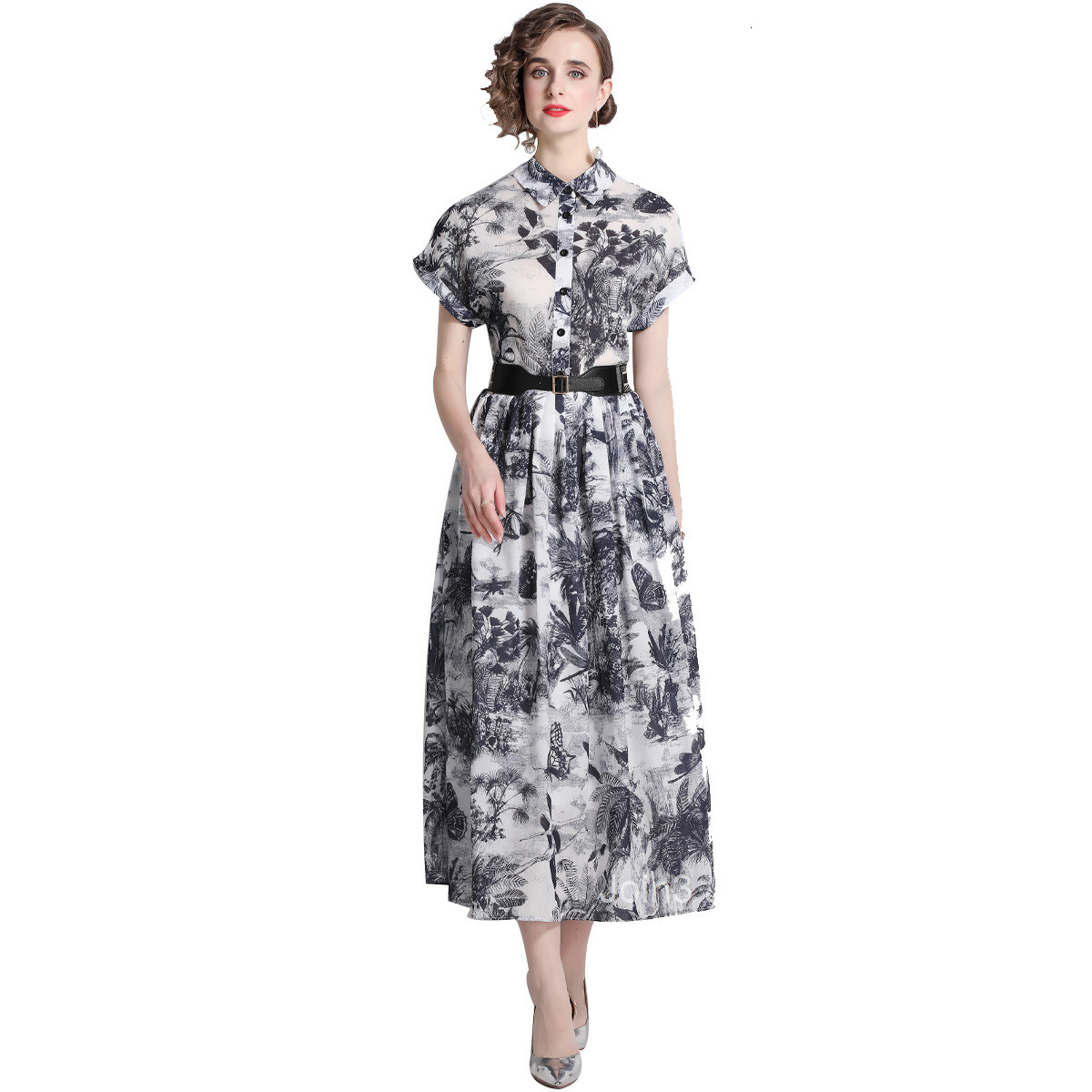 1895 Summer New Womens Printed Collar Short Sleeve Slimming Long Dress (with Belt)
